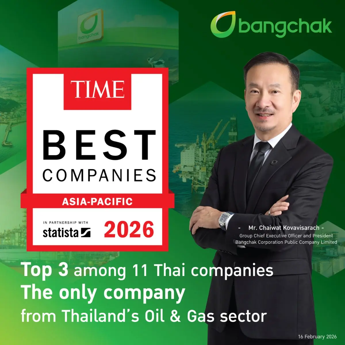 Bangchak Corporation Public Company Limited has been recognized as one of only 11 Thai companies listed among the Best Companies Asia Pacific 2026, a ranking of 500 leading organizations across...