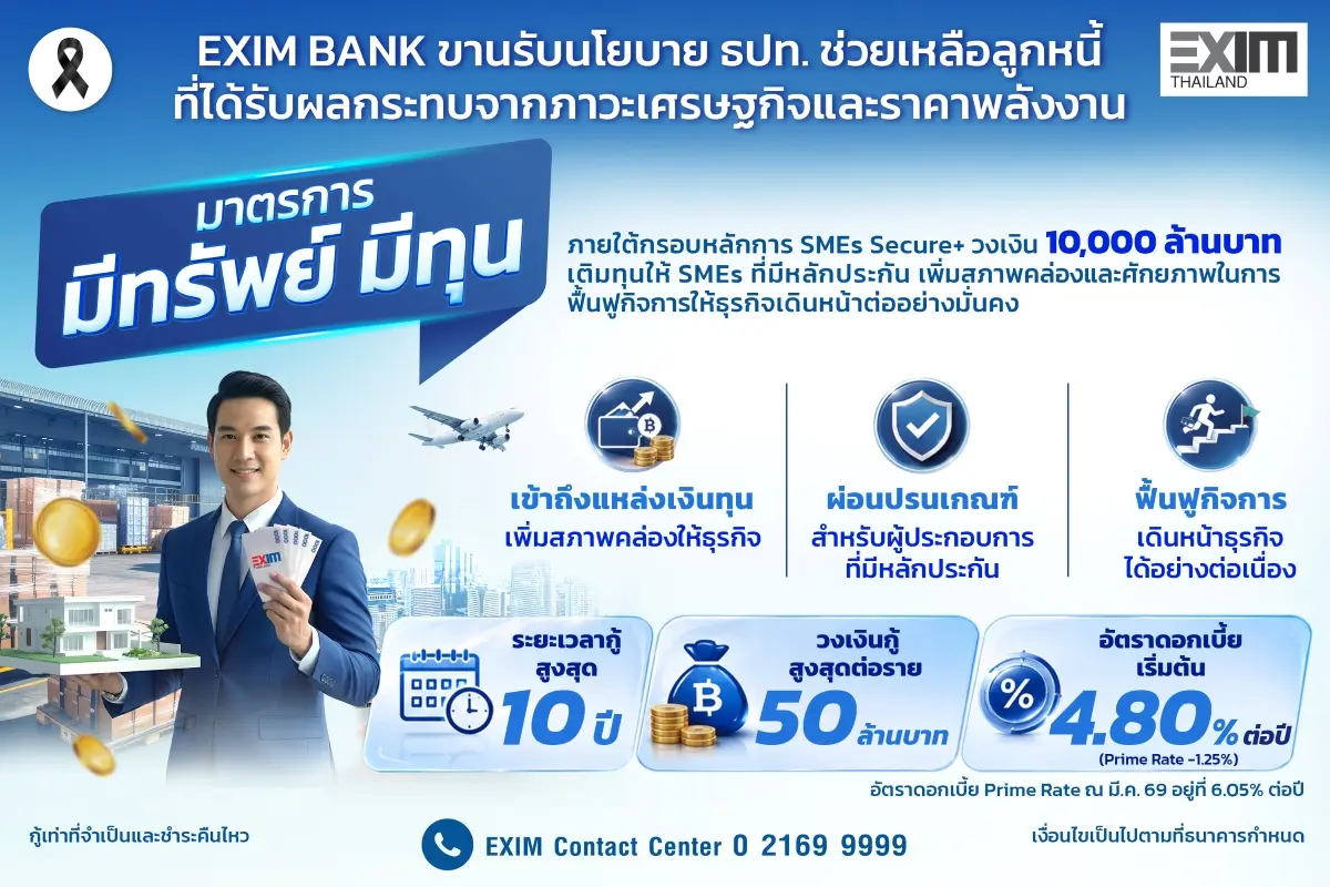 นายชลัช รัตนบุญนิธิ กรรมการผู้จัดการ ธนาคารเพื่อการส่งออกและนำเข้าแห่งประเทศไทย (EXIM BANK) เปิดเผยว่า EXIM BANK ขานรับนโยบายของธนาคารแห่งประเทศไทย (ธปท.) ในการช่วยเหลือลูกหนี้...