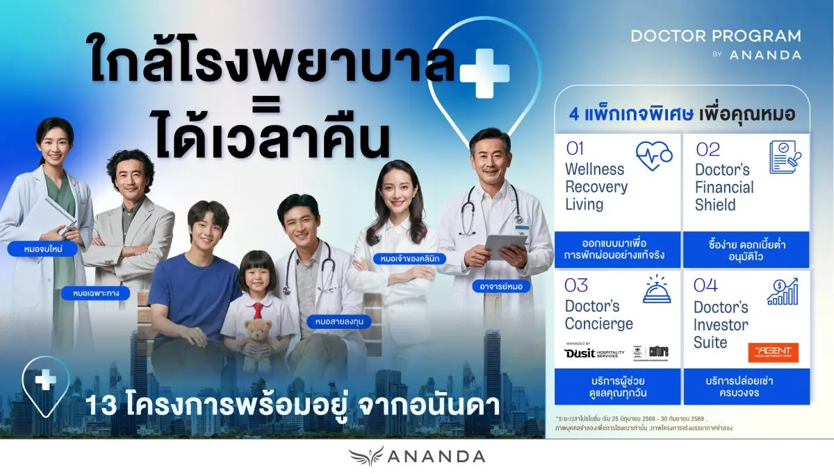 ชู “ใกล้โรงพยาบาล = ได้เวลาคืน” พร้อมแพ็คเกจพิเศษที่คิดมาเพื่อหมอเท่านั้น บริษัท อนันดา ดีเวลลอปเม้นท์ จำกัด (มหาชน) ผู้นำแห่งวงการพัฒนาที่อยู่อาศัยสำหรับคนเมือง ครองตำแหน่งผู้นำตลาดคอน...