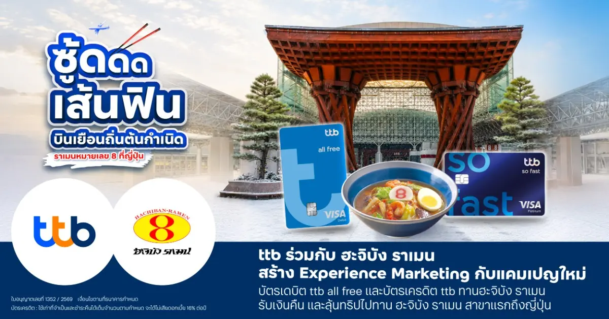 ทีทีบี เดินหน้าสร้างประสบการณ์ความคุ้มค่าที่จับต้องได้ ผ่านแนวคิด Smart Value ล่าสุดจับมือกับ ฮะจิบัง ราเมน เปิดตัวแคมเปญใหม่แบบต่อเนื่อง ให้ความคุ้มมากกว่าเดิม “ซู้ดดดเส้นฟิน บินเยือนถิ่นต้นกำ...